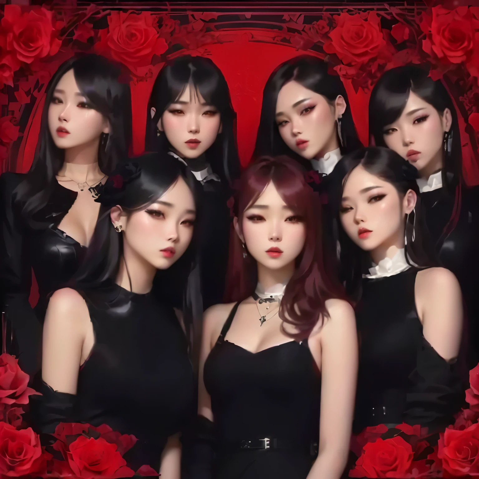 k-pop girl group, black roses, promo art, seven sins, art cover, red roses, with black, in a red dream world