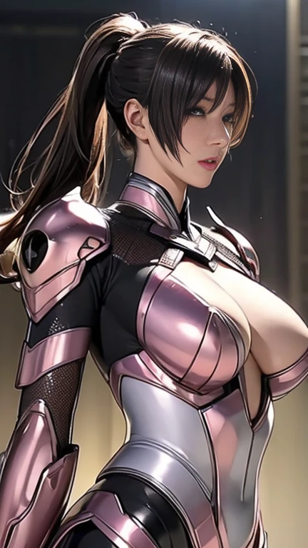 sfw,８ｋ,Realistic skin texture、Superrealism、Realistic photos、Futuristic Japanese female soldier standing amongst rubble、Damaged pink and white metal armor、Muv-Luv's style armors、Butterfly mark on the armor、Unit Paint and Identification Number、Peeling paint、oil stains、fighting spirit、Detailed Description、Dynamic pose ，Huge breasts，The only person，black eye、{{{{{whole body:1.9}}}}}