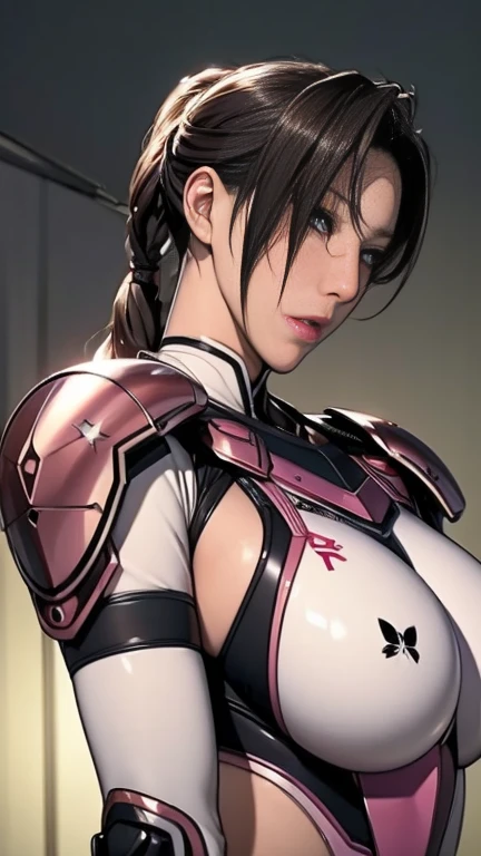 sfw,８ｋ,Realistic skin texture、Superrealism、Realistic photos、Futuristic Japanese female soldier standing amongst rubble、Damaged pink and white metal armor、Muv-Luv's style armors、Butterfly mark on the armor、Unit Paint and Identification Number、Peeling paint、oil stains、fighting spirit、Detailed Description、Dynamic pose ，Huge breasts，The only person，black eye、{{{{{whole body:1.9}}}}}