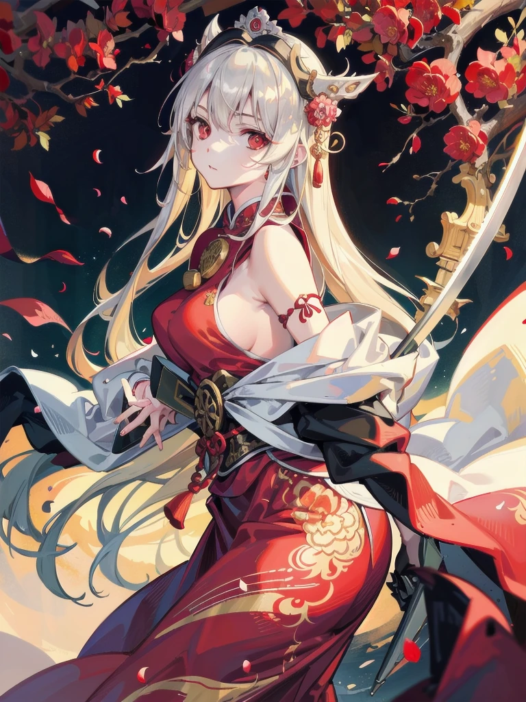 (masterpiece:1.3),intricate, (best quality:1.1), ((1girl)), ((solo)), (red eyes:1.4), (finely detailed eyes and detailed face:1.3), (beautiful and clear background:1.2), (extremely detailed CG, ultra-detailed, best shadow:1.1), ((depth of field)), ((watercolor)), ((bamboo forest)),(rich background),(goddess:1.5), (Chinese style),(Han Chinese Clothing:1.3),(Swordsman: 1.3),(swordsman:1.5),large breasts, bare shoulders,flowers,(petals), beautiful concept illustration, (white background:0.5), (illustration:1.1), (extremely fine and beautiful:1.1), (perfect details:1.1), from side, cowboy shot,(red:0.4,blue0.3,green:0.7)