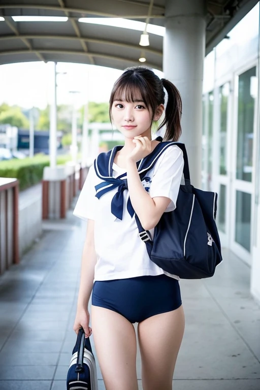 Girls walking through the station,A white sailor shirt over a navy blue high-cut school swimsuit,school bag,18-year-old,bangs,A small smile,Thighs,knees,Short hair and a low ponytail with a barrette,From below,Front light