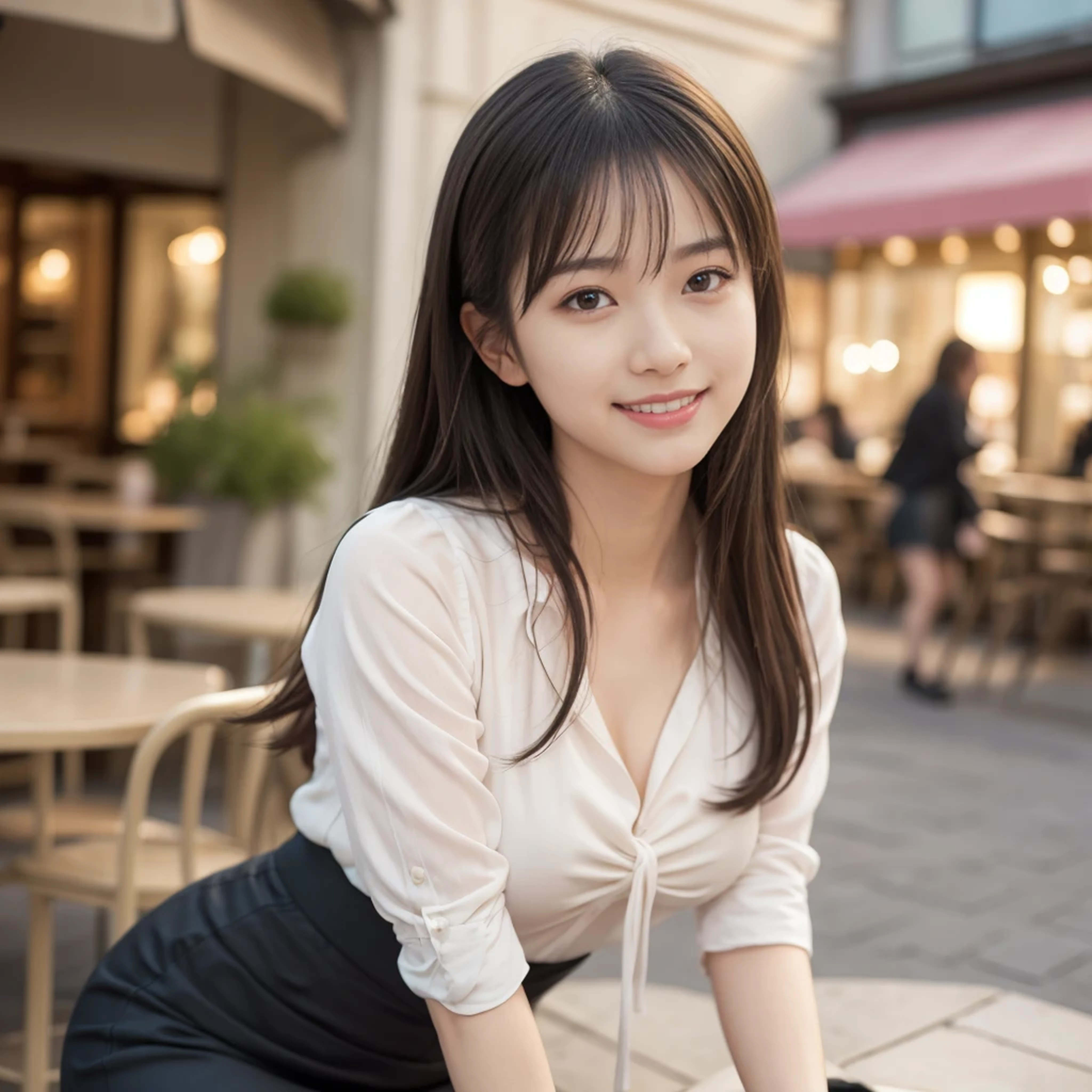 1 girl, (Wearing a pink blouse:1.2), Black short skirt, Beautiful Japanese actresses, (RAW Photos, Highest quality), (Realistic, Photorealistic:1.4), masterpiece, Very delicate and beautiful, Very detailed, 2k wallpaper, wonderful, finely, Very detailed CG Unity 8K 壁紙, Very detailedな, High resolution, Soft Light, Beautiful detailed girl, Very detailed目と顔, Beautiful and detailed nose, Beautiful and detailed, Long Hair, Cinema Lighting, BREAK, (Outside the cafe terrace in the background 1.3), City lights, Perfect Anatomy, Slender body, smile, Completely front body, (Looking at the camera), (West Shot), Full Body Shot,