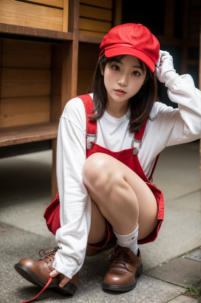 Japanese girl wearing overalls over a red long-sleeved T-shirt, wearing a red newsboy cap, wearing white gloves, wearing brown shoes, realistic