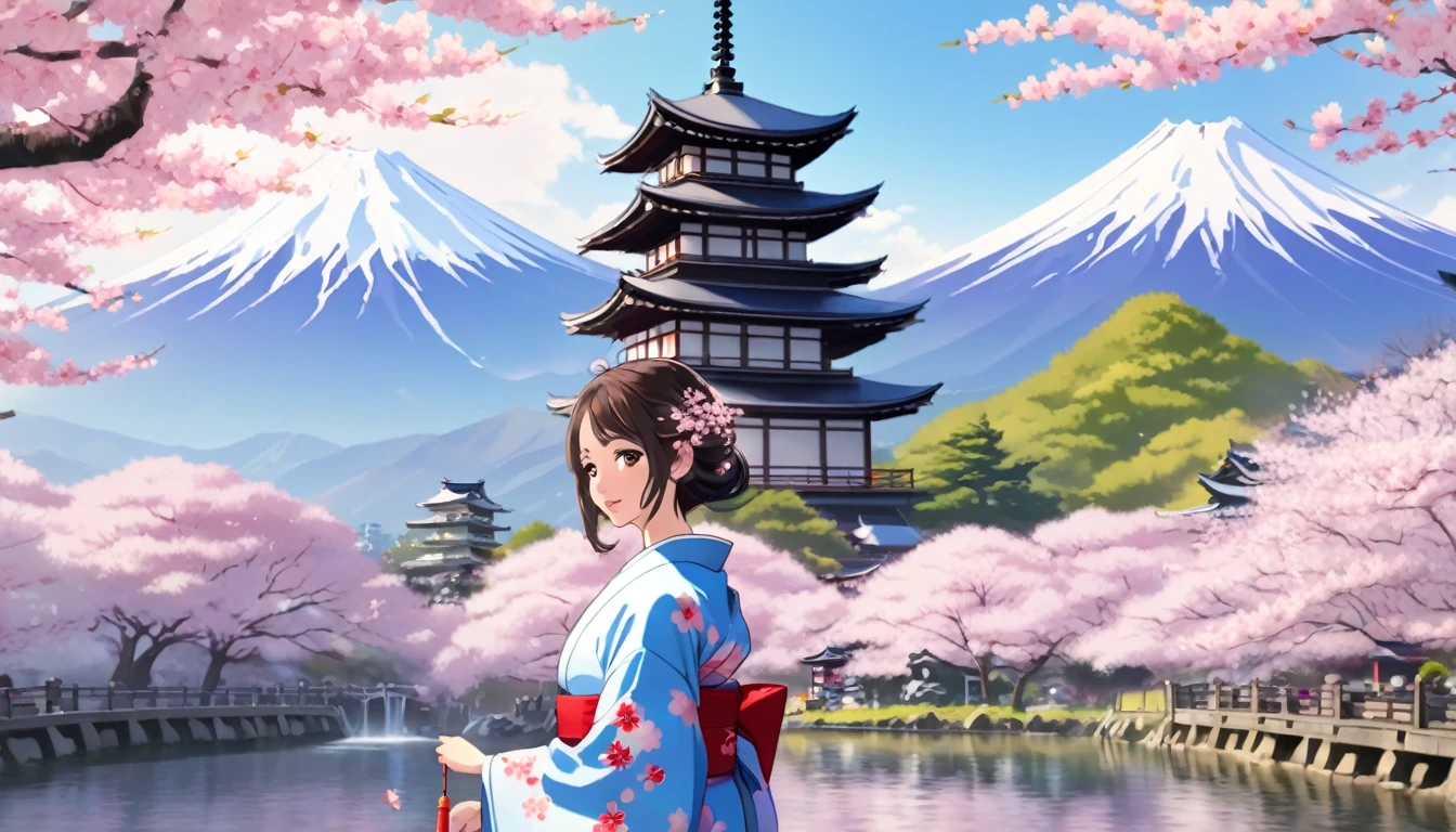 Woman in kimono,Background is cherry blossoms and Japanese temple and garden、Fuji Mountain、