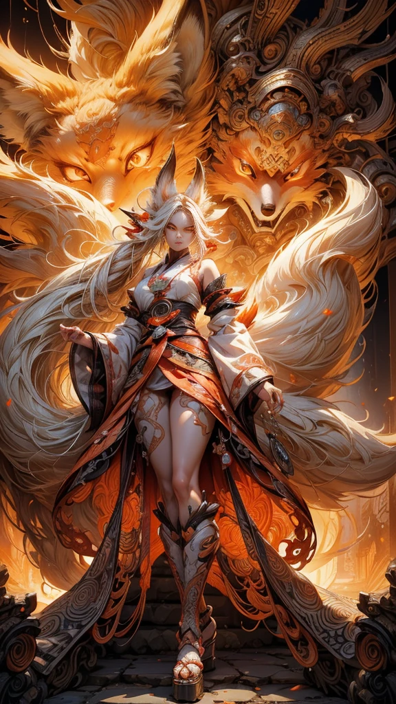 REALISTIC VISION 1.4, BETTER VAE,sharp focus, ultra detail, 32k,realistic photo, intricate details, (kitsune:1.4) ,white hair, (blond hair), orange eyes, intricate details ,woman, nine tails, intricate details,intricate details,big , Voluptuous body, intricate details, (Miko:1.4) , clothes long white dress with red details intricate details, tattoos intricate details, (full body:1.4) ,  (with a orange nine tails fox :1.4) , kiuubi (kurama, naruto), angry face, walking on the ground, backwards, orange aura, (perfect anatomy :1.4),(Fondo de ruinas de mazmorra en ruinas cyberpunk :1.4 ), (perfect anatomy V2.1), (face detailed :1.4), (cinematic lighting :1.4), (ojos hermosos :1.4),  