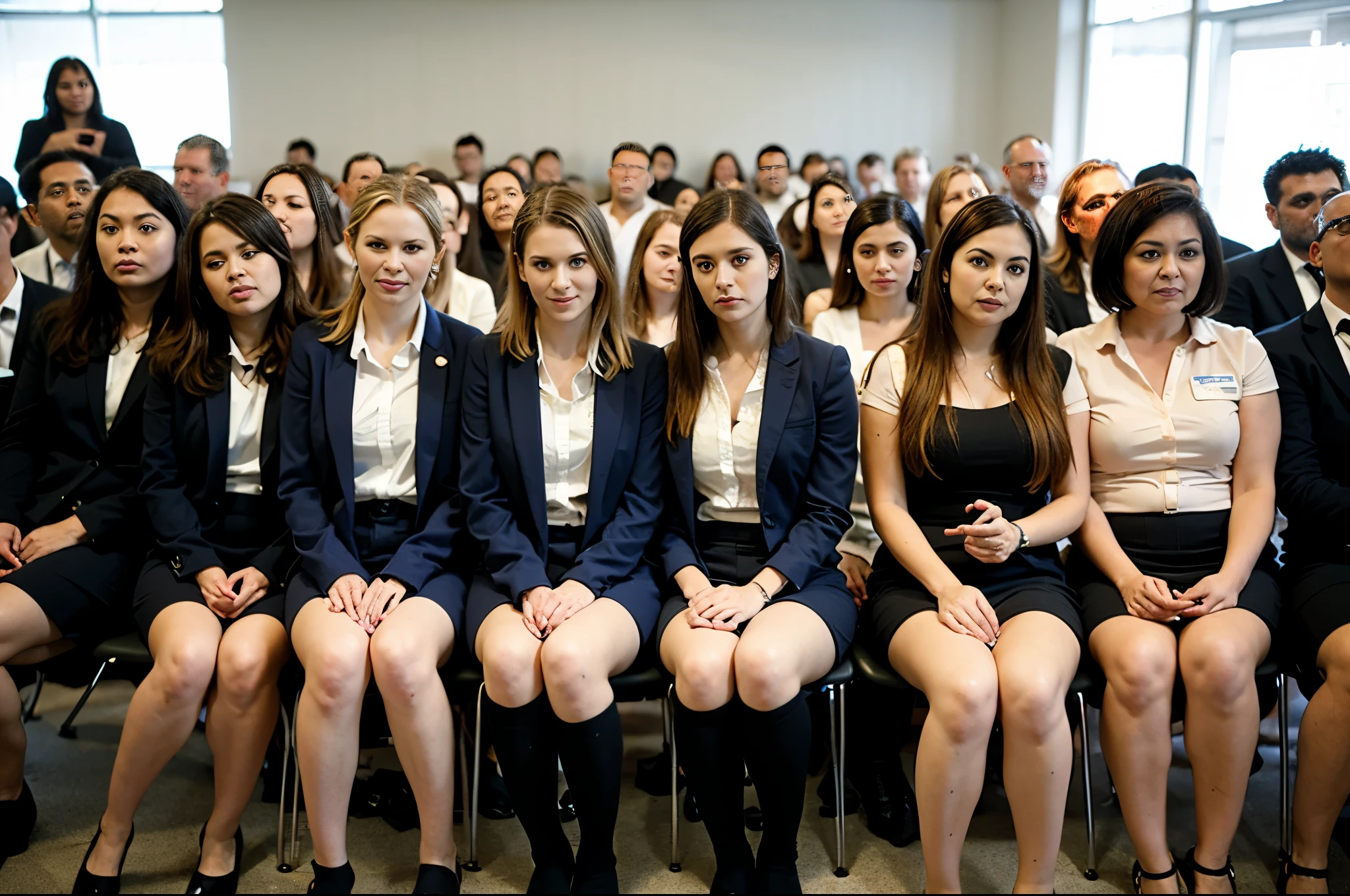 (best quality), (masterpiece:1.2), wide angle photo, full body photo, group photo, 5 women schoolwomen, 56 years old, faces marked by age, guilty faces, skin imperfections, acne, chapped lips, sad wistfully, diverse ethicities: ebony, black, white, nordic, indian, diverse hair colors: redhead, blonde, afro, twin braids, heavy freckles, pale skin, makeup, earings, crowded classroom, morning, school, crowd of people, school uniforms, unbottoned blue shirts, tight shirt, alluring pose, black stockings, open jacket, sexy neckline, large neckline, 16k, photorealistic, real photo, nikon d800, (YES SFW)