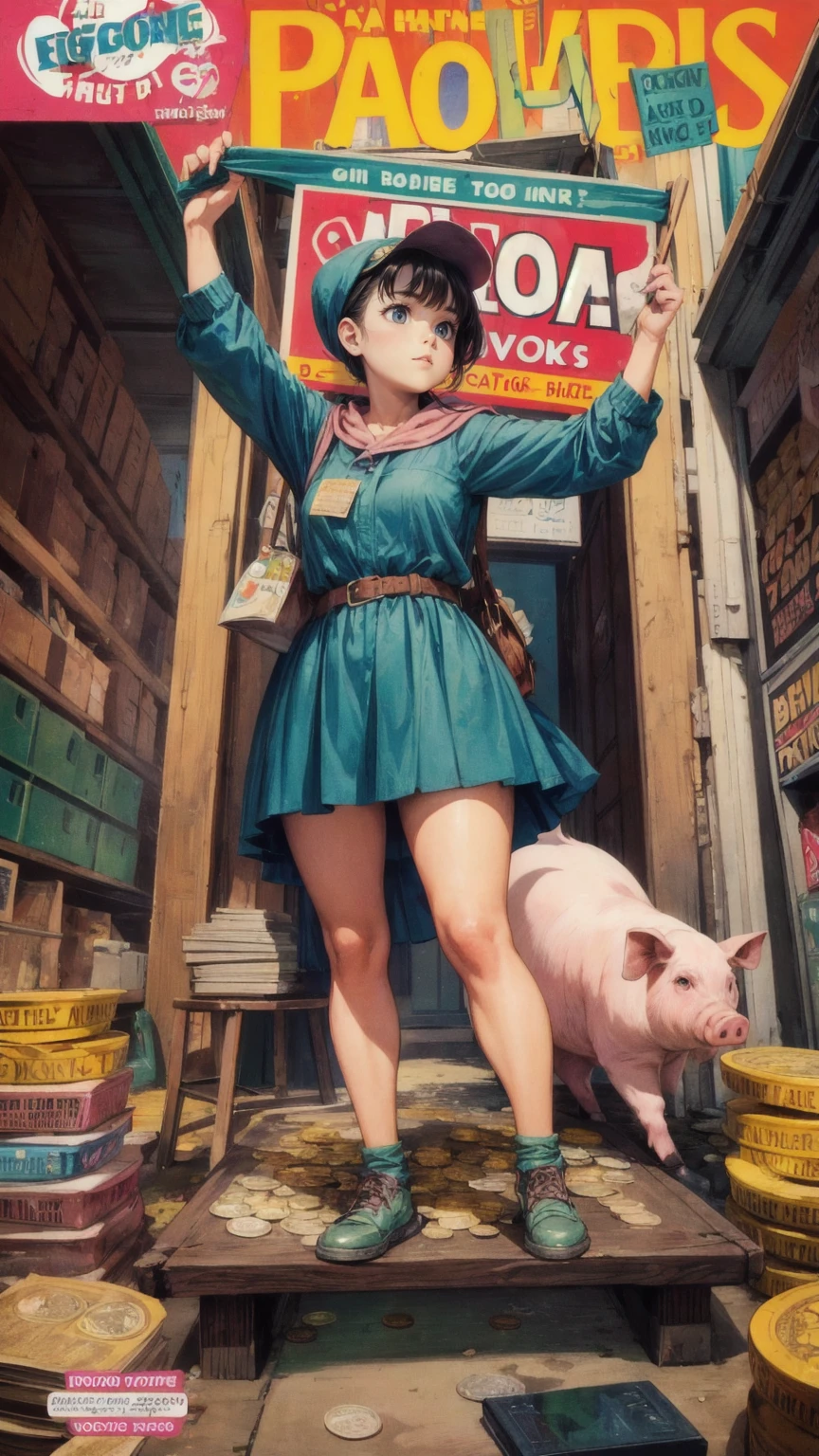 A cartoonish old girl holding up an advertising sign that says "onward to big money, buy high, sell low". she is standing on top of piles of coins and piggy banks. The background has broken stock market charts and small pink pigs laying around her . In the style of vintage comic book cover art in the style of Alex Ross. Dark reds, yellows, oranges, greens, blues, black tones. full girl in image