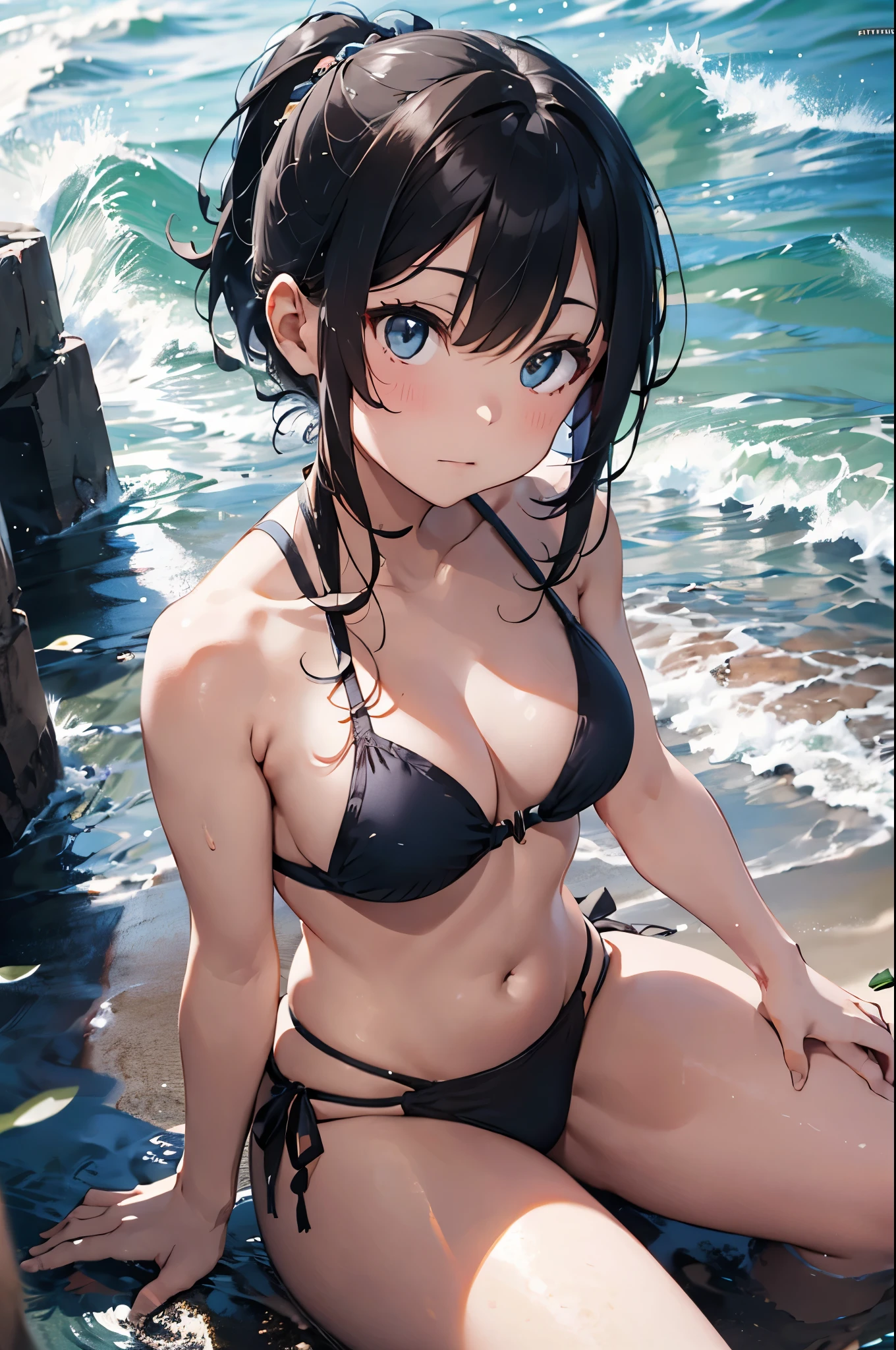 High resolution,topless、
One beautiful young woman,Light blue hair、ponytail、
(Soft Saturation:1.3), (Fair skin:1.2),
(ultra-Detailed Background, Detailed Background), Bokeh,
break&#39;Portrait of a smiling girl.,
When viewed from the front, The composition is symmetrical,
Looking straight at you with serious eyes,
break Swimwear, White Bikini, Center of chest, 
Outdoor, Sea surface, null, sunlight,Summer beach, Sandy Beach,
Strong light, Front lighting, 
(:1.3), (Cowboy Shot:1.2),
Front brake angle,
View your audience,
Dynamic pose,
sitting on the beach

Seaweed、Seaweed、Seaweed、Seaweed、Seaweed、Seaweed、Seaweed、
