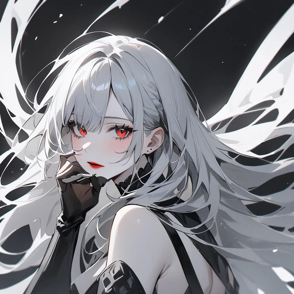 Highest quality、masterpiece、1 girl、Black background、Gray Hair:1.5、Red eyes、Red lips、White clothes、A world in black and white、A world in black and white、Pale skin、Side Blade