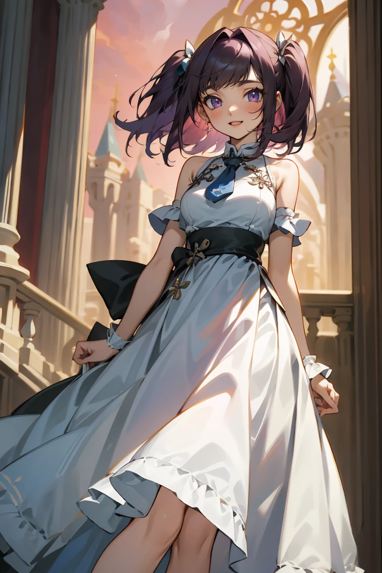 (masterpiece:1.2), (high quality:1.2), girls with((1girl, solo, purple hair, (medium hair, right swept bangs, one side up:1.55), bare shoulder, blush, breasts, choker, cleavage, cowboy shot, collar, collarbone, rosary, cross, white clothes, blouse, white dress, sleeveless, necktie, (collared shirt and cheongsam, blue cheongsam, arm wears, elbow armwarmers, metamorphosis is exposed, princess dress, long dress, frilled panniers:1.2), (open dress:1.34), leggings, boots, sandals, bare legs)), background with((fantasy world, ruin, castle, beautiful sky, shining sky, sunshine:1.35))