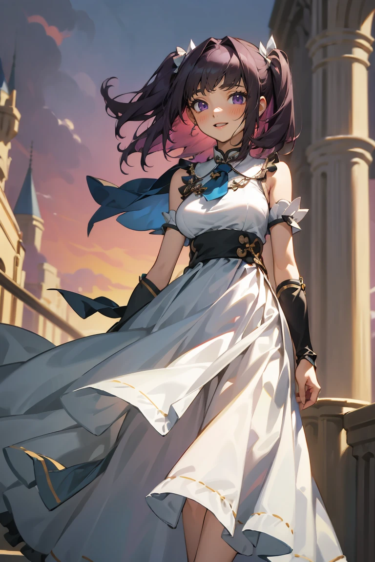 (masterpiece:1.2), (high quality:1.2), girls with((1girl, solo, purple hair, (medium hair, right swept bangs, one side up:1.55), bare shoulder, blush, breasts, choker, cleavage, cowboy shot, collar, collarbone, rosary, cross, white clothes, blouse, white dress, sleeveless, necktie, (collared shirt and cheongsam, blue cheongsam, arm wears, elbow armwarmers, metamorphosis is exposed, princess dress, long dress, frilled panniers:1.2), (open dress:1.34), leggings, boots, sandals, bare legs)), background with((fantasy world, ruin, castle, beautiful sky, shining sky, sunshine:1.35))