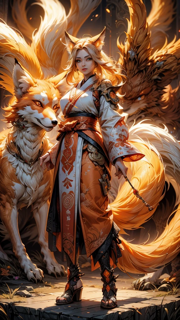 REALISTIC VISION 1.4, BETTER VAE,sharp focus, ultra detail, 32k,realistic photo, intricate details, (kitsune:1.4) , blond hair, (blond hair), orange eyes, intricate details ,woman, nine tails, intricate details,intricate details,big , Voluptuous body, intricate details, (Miko:1.4) , clothes long white dress with red details intricate details, tattoos intricate details, (full body:1.4) ,  (with a orange nine tails fox :1.4) , kiuubi (kurama, naruto), angry face, walking on the ground, backwards, orange aura, (perfect ??????? :1.4),(Fondo de ruinas de mazmorra en ruinas cyberpunk :1.4 ), (perfect ??????? V2.1), (face detailed :1.4), (cinematic lighting :1.4), (ojos hermosos :1.4), 