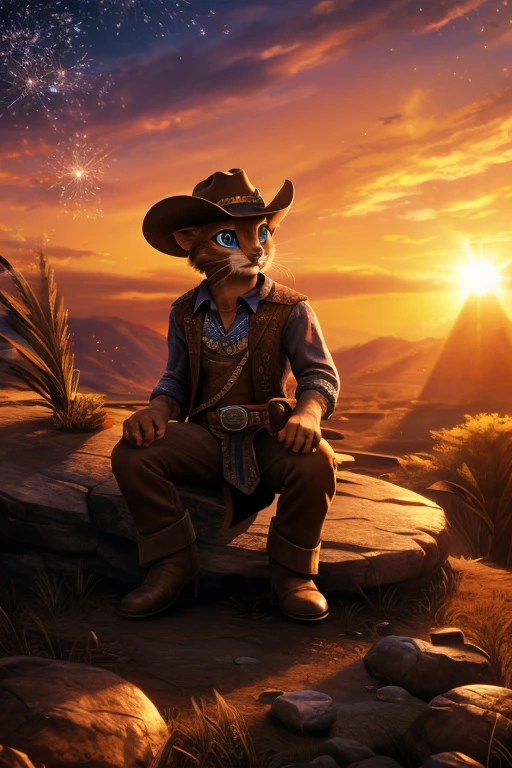 (Highest quality、masterpiece、8k))、Anatomically correct、Very detailed、High resolution、Realistic、((Beautiful, sparkling, detailed eyes))、Intricate details、Cinematic lighting、((Dynamic composition))、Cute Cowboy Kitten、Western Hat、revolver、Pad、Western movie with sunset