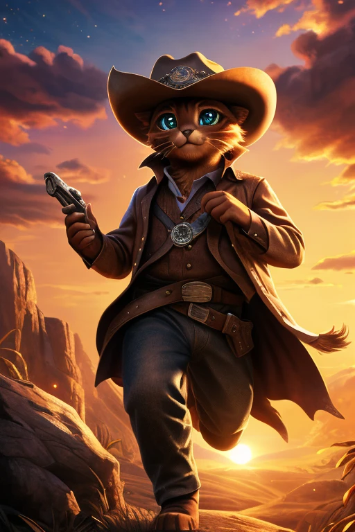 (Highest quality、masterpiece、8k))、Anatomically correct、Very detailed、High resolution、Realistic、((Beautiful, sparkling, detailed eyes))、Intricate details、Cinematic lighting、((Dynamic composition))、Cute Cowboy Kitten、Western Hat、revolver、Pad、Western movie with sunset