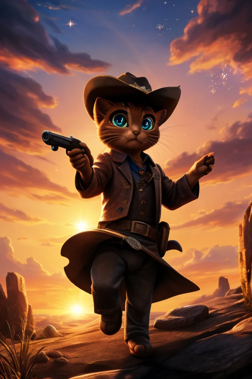 (Highest quality、masterpiece、8k))、Anatomically correct、Very detailed、High resolution、Realistic、((Beautiful, sparkling, detailed eyes))、Intricate details、Cinematic lighting、((Dynamic composition))、Cute Cowboy Kitten、Western Hat、revolver、Pad、Western movie with sunset