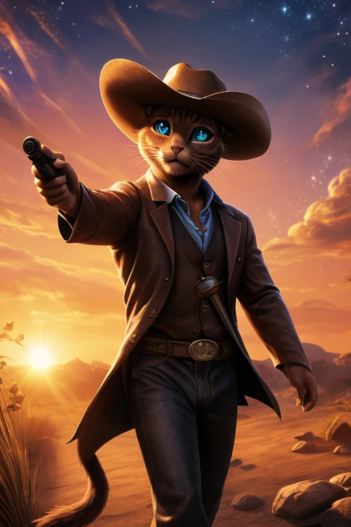 (Highest quality、masterpiece、8k))、Anatomically correct、Very detailed、High resolution、Realistic、((Beautiful, sparkling, detailed eyes))、Intricate details、Cinematic lighting、((Dynamic composition))、Cute Cowboy Kitten、Western Hat、revolver、Pad、Western movie with sunset