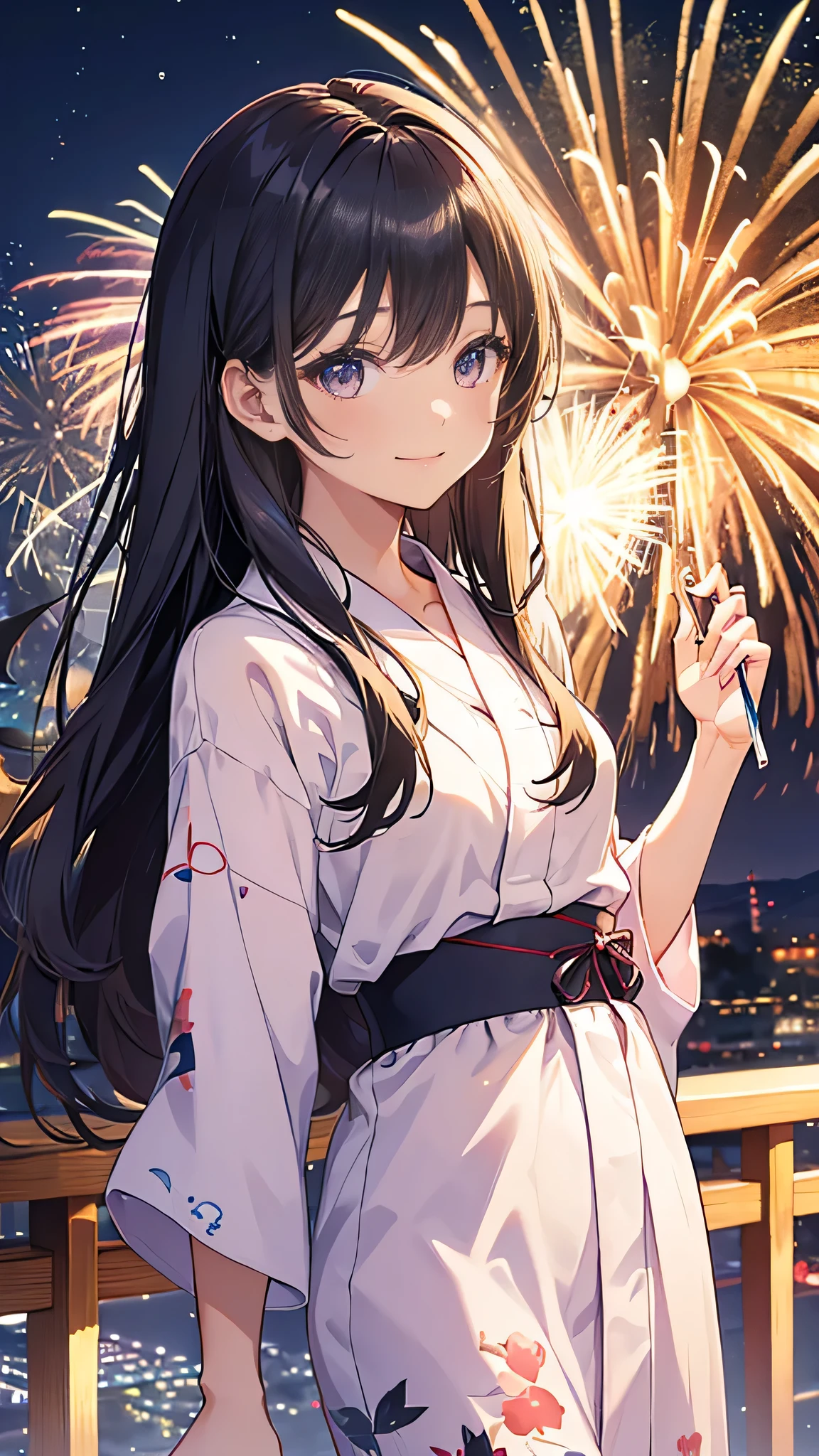 very cute、20 years old、girl、Long Straight Hair、Beautiful yukata、Night Sky、Countless fireworks、smile、






















