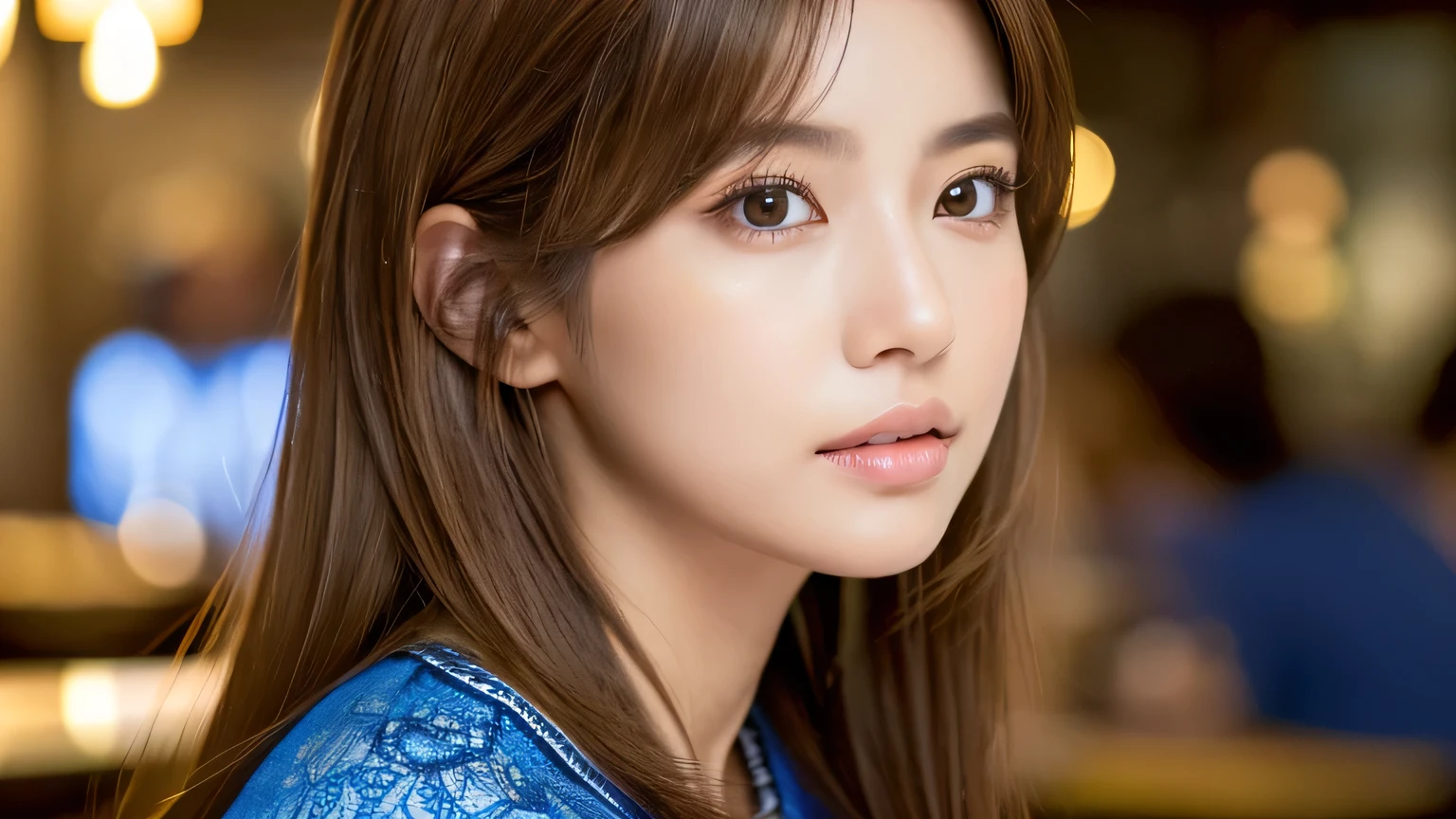 ((Masterpiece,Photo_realistic)), (((8k,Best Quality: 1.5))), ((Super Detail: 1.5)) , Cute Woman,Beautiful woman,Japanese,Age 25,((Inside the restaurant)),Ultra-detailed facial features, Angry face, Detailed Texture, Natural Skin Shade, photograph,(((Full Body))),Ultra-high resolution,Beautiful Japanese women,(((Female,Blue blouse,best quality))),Realistic eyes,Brown eyes,Realistic Skin,Golden Ratio,((Brown Hair,Long Hair:1.3,1girl)),Glowing, firm and radiant skin