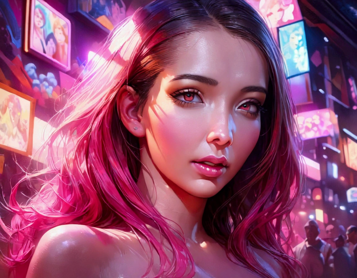 a beautiful young woman, (1girl:1.2), detailed face, detailed eyes, detailed lips, long eyelashes, colorful sheer fabrics, bright colored hair, erotic dance, seedy candyland bar, dangerous crowd of gummy creatures and gummy villains, cinematic lighting, vibrant colors, neon lights, glowing, dreamlike, surreal, psychedelic, (best quality,4k,8k,highres,masterpiece:1.2),ultra-detailed,(realistic,photorealistic,photo-realistic:1.37) caption at the top or bottom in gun shot letters is 'Sticky Sweet!' (Show all of her from head to toe, show her entire body)
