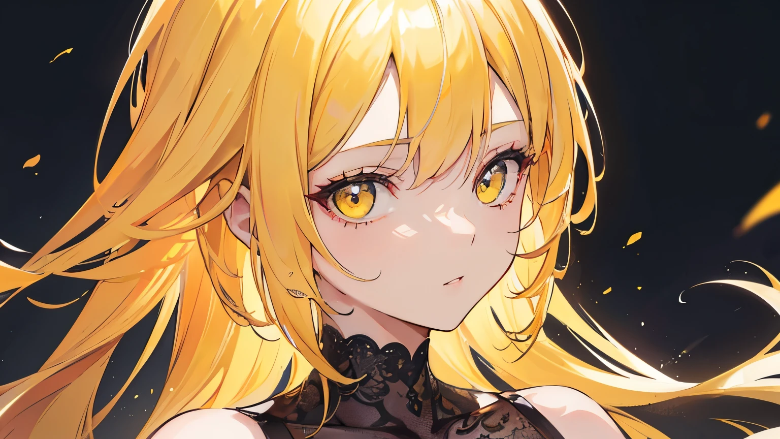 a cute girl, yellow hair, yellow eyes, yellow dress, looking directly at viewer, 1girl, detailed face, detailed eyes, beautiful detailed lips, extremely detailed eyes and face, long eyelashes, realistic, photorealistic, photo-realistic:1.37, best quality, 4k, 8k, highres, masterpiece:1.2, ultra-detailed, HDR, UHD, studio lighting, ultra-fine painting, sharp focus, physically-based rendering, extreme detail description, professional, vivid colors, bokeh, portraits, colorful, golden hour lighting
