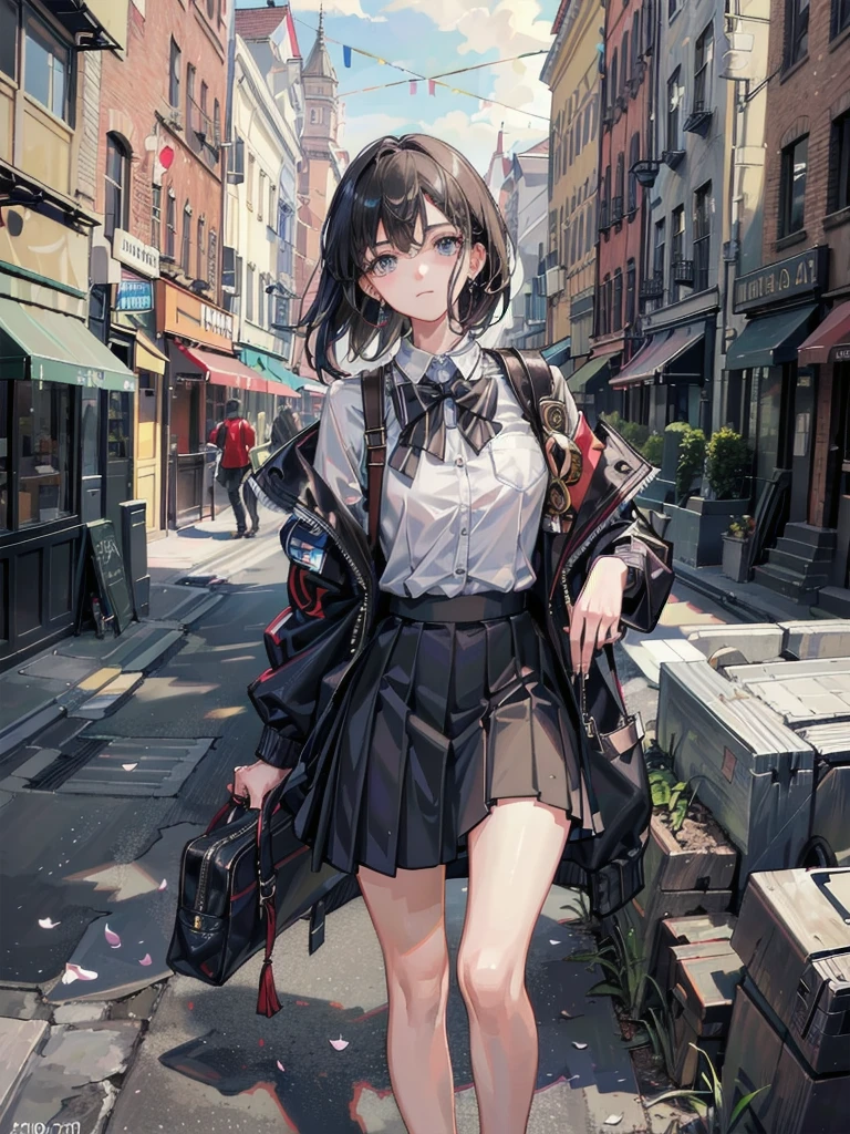 (absurdres, RAW photo, extremely delicate and beautiful, masterpiece, Best Quality, ultra high resolution, 32k, hyperrealistic, ultra-detailed:1.2), perfect anatomy, anatomically correct, perfect figure, Perfect Style, Perfect balance, super Detailed skin, in her 30s, very Slim body, narrow waist, very small head, very small face, delicate facial features, handsome detailed woman, very detailed eyes and face, realistic face proportions, Realistic beautiful face, Realistic beautiful eyes, tearful mole, earring, big tits, whole body shot, medium hair, outdoor, military jacket, (school_uniform:1.2), skirt, dress shirt, destroyed buildings,