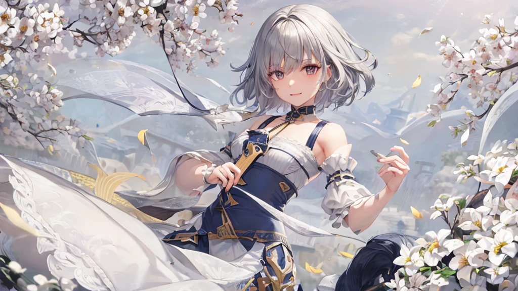 Ultra HD,Look at the viewers, Put your hands behind your back, With a girl, 20-year-old, 非常にShort Hair, Long bangs between the eyes, Pale blue eyes, Very detailed,(masterpiece、Highest quality),Gray Hair、Laughter、Fantastic, Silver Hair, Iris, Short hair、 Fluttering Hair、Small Face、明るいsmile、(Detailed face) ,Professional Lighting,Wonderful landscape,blue sky, sunlight,Looking down from above,Portraiture、Open your mouth、Flower Field、Her eyes were shining、Mysterious and enchanting atmosphere。With AI Painting、とてもShort Hair, Long bangs between the eyes, Very detailed,(masterpiece、Highest quality)、alone、Gray Hair、Fantasy, Silver Hair, Fantasyな風景、smile、Open your mouth、short hair、Short Hair、hairpin、black eye、Grey Eyes、Beautiful Eyes、Black Shirt、White hoodie