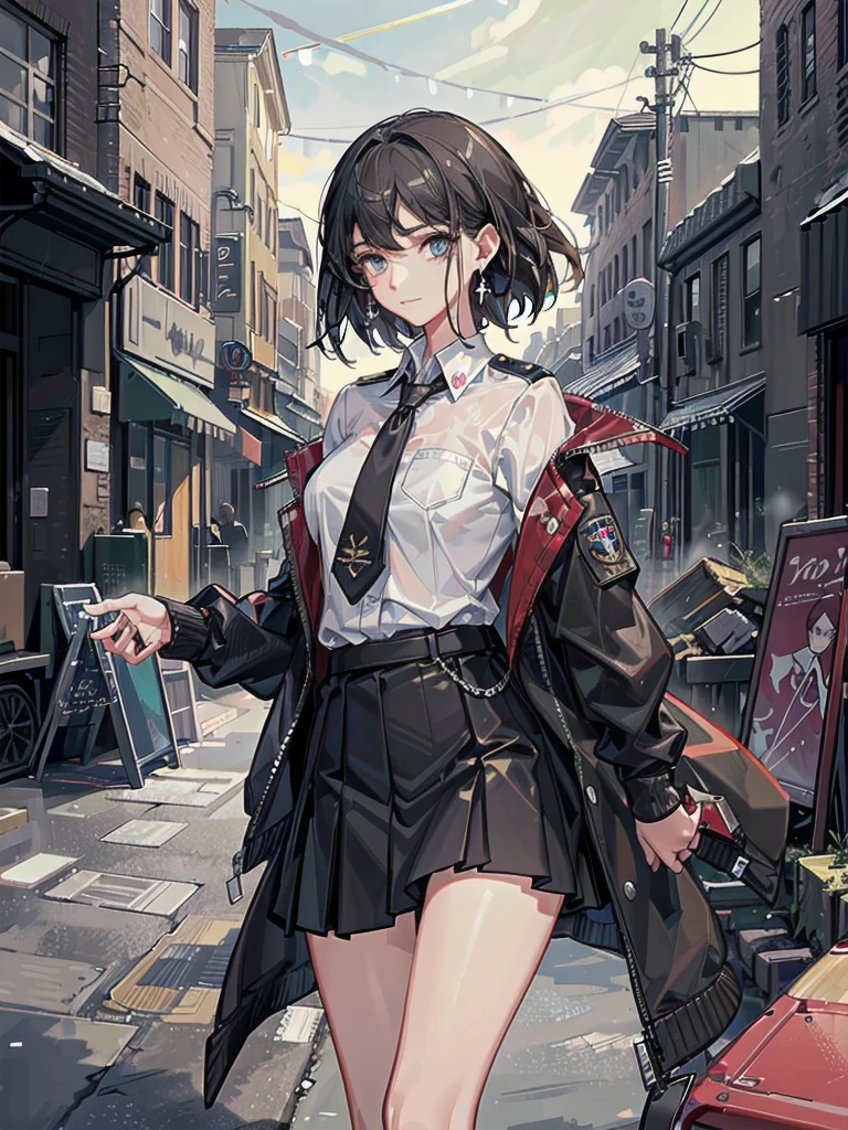 (absurdres, RAW photo, extremely delicate and beautiful, masterpiece, Best Quality, ultra high resolution, 32k, hyperrealistic, ultra-detailed:1.2), perfect anatomy, anatomically correct, perfect figure, Perfect Style, Perfect balance, super Detailed skin, in her 30s, very Slim body, narrow waist, very small head, very small face, delicate facial features, handsome detailed woman, very detailed eyes and face, realistic face proportions, Realistic beautiful face, Realistic beautiful eyes, tearful mole, earring, big tits, whole body shot, medium hair, outdoor, military jacket, (school_uniform:1.2), skirt, dress shirt, destroyed buildings,