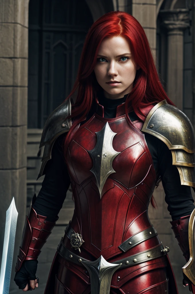 Whole body,crimson hair, beautiful face,detail face, realistic eyes, elegant,demonic armor,sword,shield,arrogant expression,anime