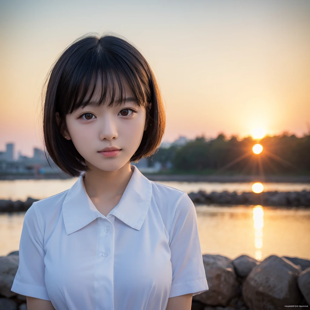 (Best image quality, 8K quality, masterpiece), (Super A quality, Photo Real, RAW Photos), Sunset, (masterpiece), (Real Girl, Front Face), (detailed), unity 8k wallpaper, Super Definition, beautiful, masterpiece, Highest quality, Japanese, Black Hair, bangs, 17 years old, Cute Face, uniform, (A shy smile:0.5), (Short Bob Hair), 17 years old, round face, Baby Face, breast enhancement