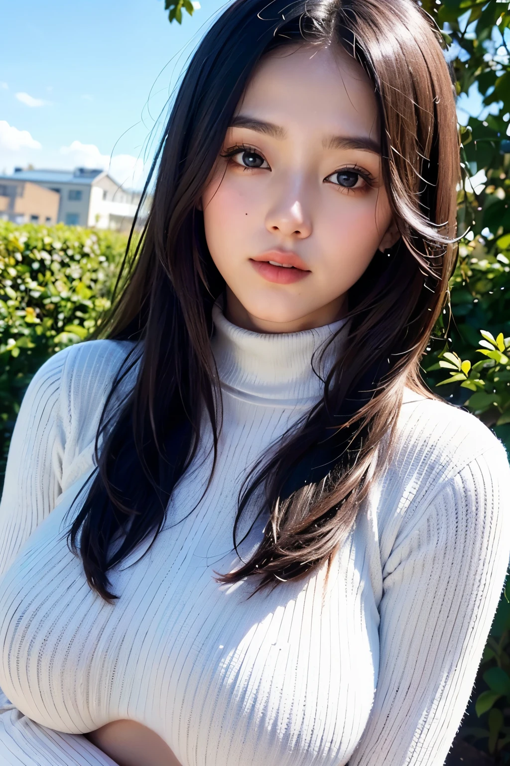 (Highest quality, 8k, 32K, masterpiece, Ultra-high resolution:1.2), 

((Face close-up:1.2))、Portraiture、
Cute Japanese Girl, (Huge breasts:1.4), Long black hair, bangs, Fuller lips、

(White turtleneck sweater), Tight waist, (Outdoor, garden, blue sky),