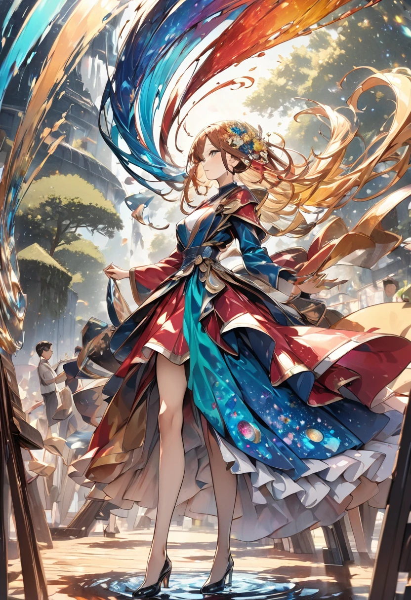 Capturing the spirit of the wind with liquid ink that melts into a whirlwind of pointillism, Traversing a spectrum of multiple random colors, 4K Concept Art, Extremely detailed, Complex, Glittering canvas, motion, dynamic, Sharp and glossy focus, create a perfect female face with Complex detail, Brilliant, Highest quality, masterpiece
