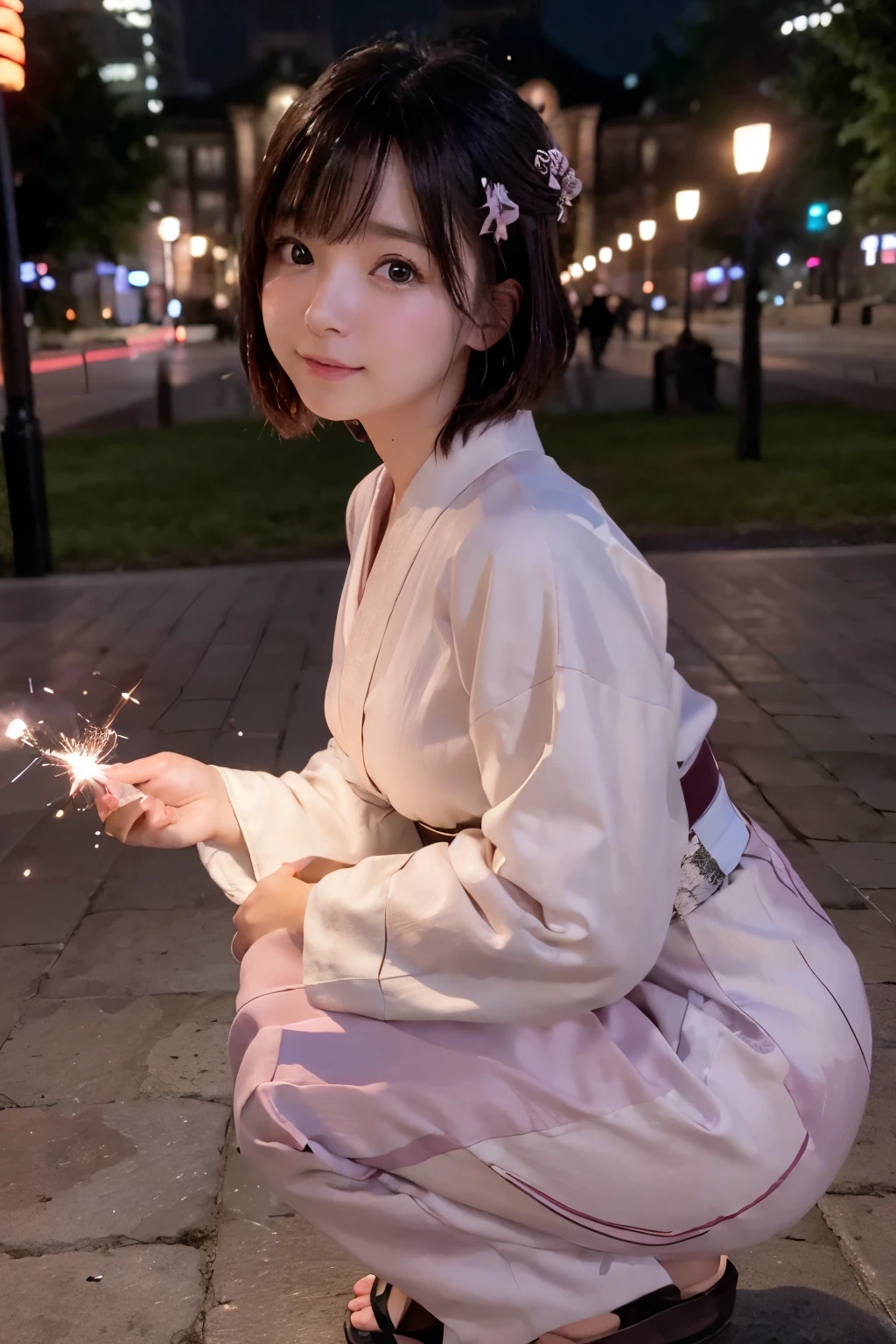 8K, RAW Photo, Best Quality, Masterpiece, Realistic, PhotoRealistic, Extremely Detailed 8K Wallpaper, (Beautifully Detailed Eyes), Finely Detailed Face, 
 BREAK 
Professional Lighting, 
 BREAK 
(A Girl is Playing Japanese Sparkler with Own Hand Extending to the Viewer:1.6), Pointing Fireworks to the Viewer:1.1, 
((Light Purple Dusk:1.4)), 
(marunouchiekimaehiroba:1.2), 
((lamppost, [[tree]], scenery, [building], sky, clock, city, real world location, road, [street], window, [cityscape], pavement)), 
 BREAK 
Perfectly Anatomically Correct:1.7, 5 Beautiful finger:1.7, 
 BREAK 
1 Girl, Very Short Hair Bun:1.2, Japanese, (Kawaii), Wide-Set Eyes, Very White Skinned, Blush, Embarrassed, -Yeld, 
ptivating Eye Reflections), 
Peaceful, Smiling, Ecstasy, Open Mouse Slightly, 
Brown Hair, Wet Hair, 
(Pale Japanese Yukata:1.4), Squatting, [Slightly Cleavage], 
Looking Up Viewer, 
 BREAK 
[SFW:1.1], 
 BREAK 
Eye Focus:1.0, Bokeh:1.3, (50mm Lens), from Above, from Side, Feet Out of Frame