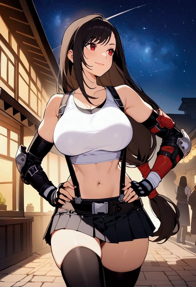 (score_9,score_8_up,score_7_up), masterpiece, best quality, (recent), perfect anatomy, very aesthetic,zentangle,　mediumshot,Solo,1girl, tifa lockhart, final fantasy,black hair, low-tied long hair, red eyes, bangs, (white tank top,gap),(High exposure，the ribs),lips,,,,(belt, pleated skirt, thighhighs, elbow fingerless gloves, elbow pads, midriff, navel,suspenders.skirt),beautiful waist ,(large_breast:1.3),light smile,,,outdoor,star sky,night, hands on own hip,skin tight, looking away, depth of field　　