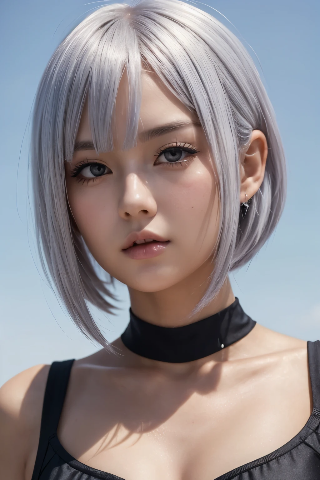 short brightly siver-colored hair, beautiful skin just a little sunburned, slendar figure, slightly tall, small mouth, opening mouth a little, shaped nose, smooth shaped jawline, slightly slanted eyes expression, glossy face, heavy makeup like an Anime character, wearing vivid cosplay-costume like an heroine of Anime character, just a little opened at the chest, weariing sunglasses a little lower, holding something weapon, close-up shoot, angle looking up from below