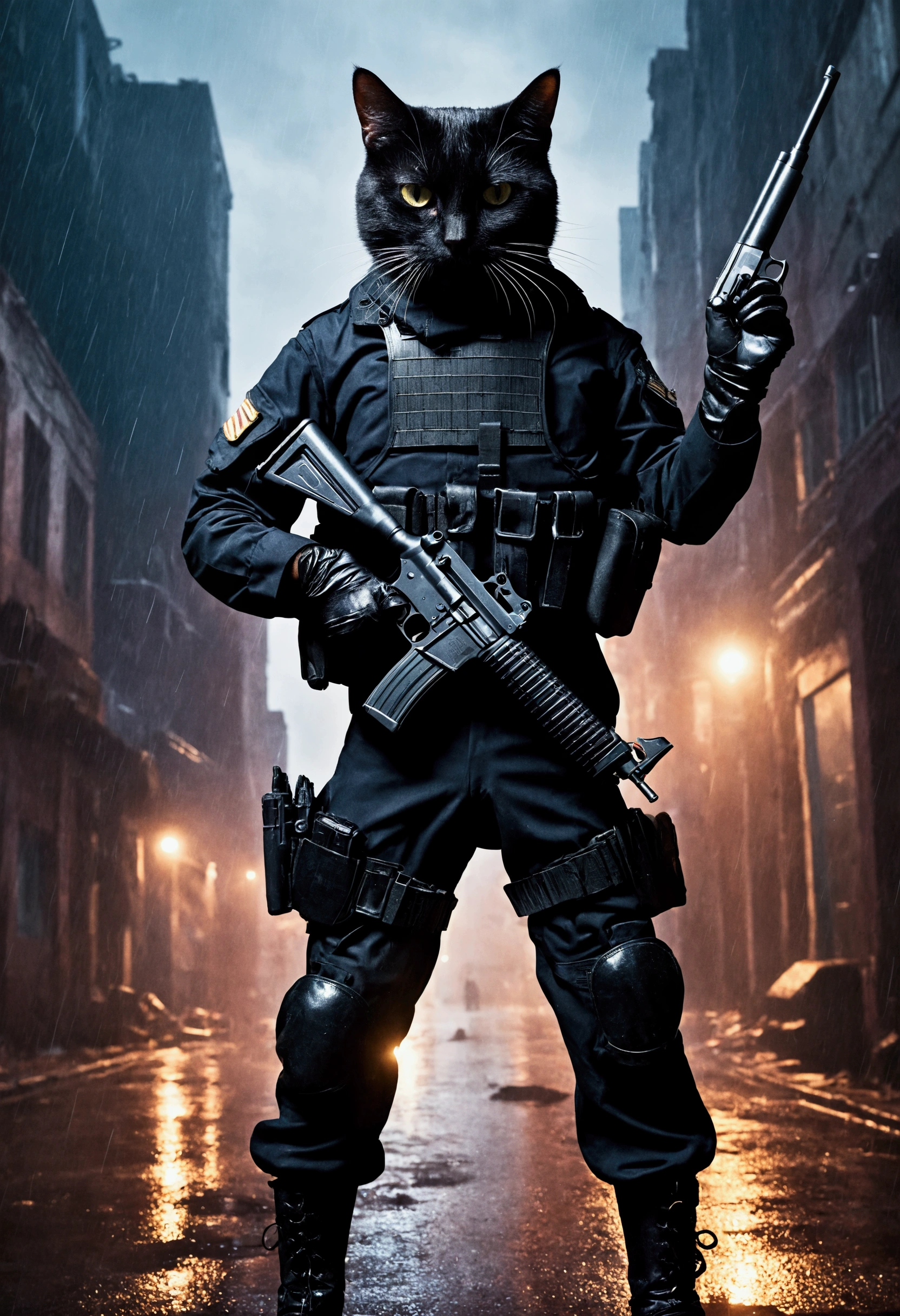 a cat with human shapde body in a black military outfit and tqctical gloves while holding a gun with one hand standing in a war city at a rainy night ((looking twards down)) and being broken