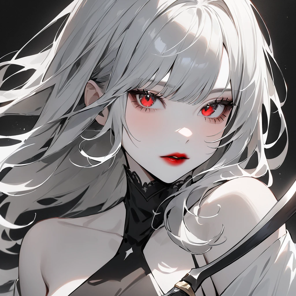 Highest quality、masterpiece、1 girl、Black background、Gray Hair:1.5、Red eyes、Red lips、White clothes、A world in black and white、A world in black and white、Pale skin、Side Blade