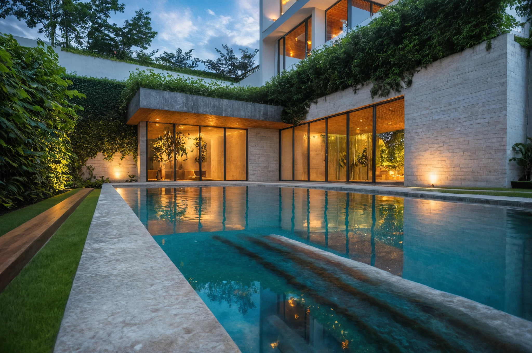 Masterpiece, high quality, best quality, authentic, super detail, outdoors, onestoreyvillaXL, aiaigroup, house style modern in the garden, swimming pool:1.3, tropical trees in hill ,stairs, white wall ,rook hill, sky, cloud, (twiglight:1.3)