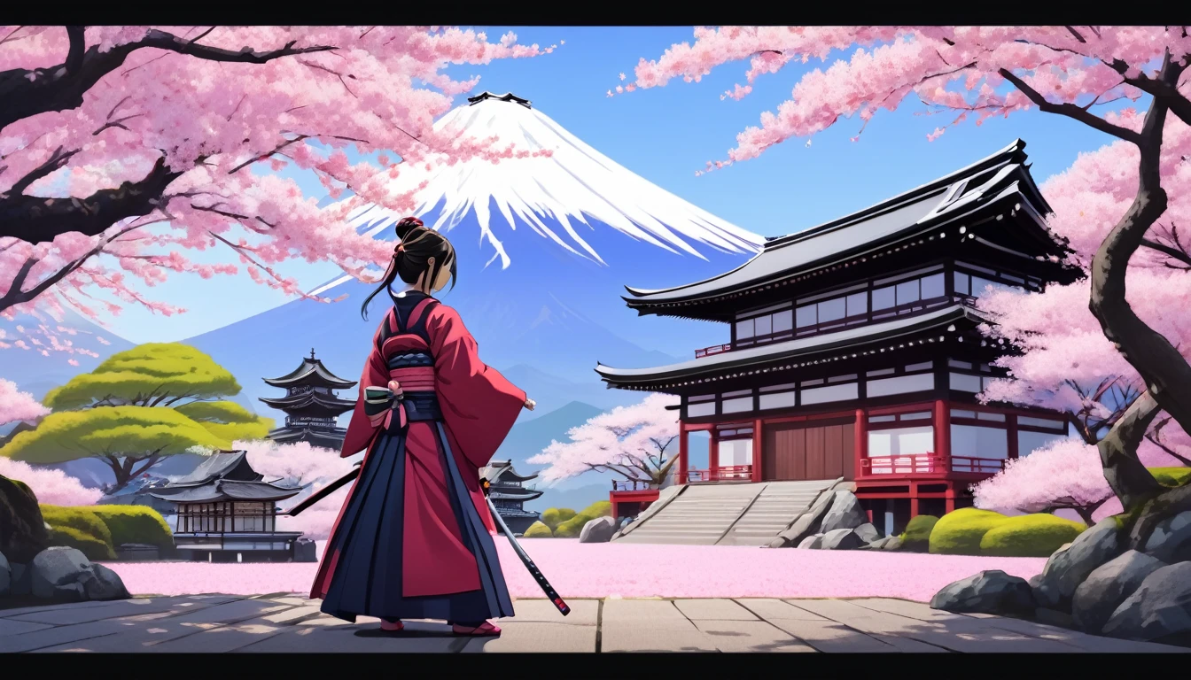 Female samurai,Background is cherry blossoms and Japanese temple and garden、Fuji Mountain、