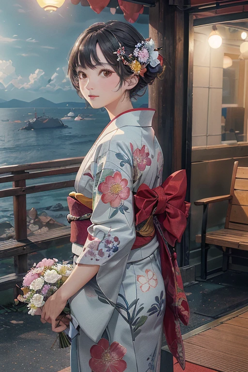 There is a woman holding a bouquet by the window., With flowers, Wearing a colorful yukata, Wear a rainbow-colored kimono, (masterpiece, Highest quality, Official Art, Highly detailed CG Unity 8k wallpaper), Highly detailed shot with a Canon EOA6D Mark II, Photo taken with Sony a7r, japanese related With flowers, On the platform at a station with a view of the sea, In kimono, Shot with Canon EOS 5D mark iv, Shot with Canon EOS 5D