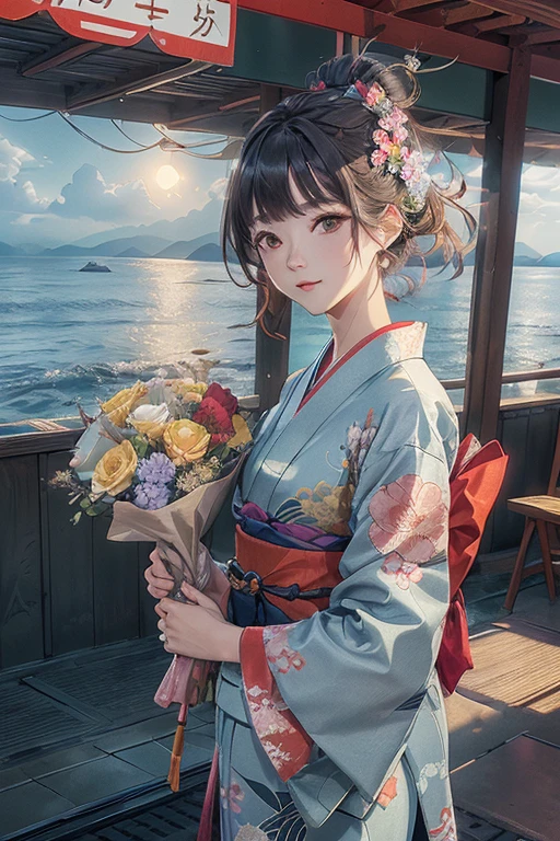 There is a woman holding a bouquet by the window., With flowers, Wearing a colorful yukata, Wear a rainbow-colored kimono, (masterpiece, Highest quality, Official Art, Highly detailed CG Unity 8k wallpaper), Highly detailed shot with a Canon EOA6D Mark II, Photo taken with Sony a7r, japanese related With flowers, On the platform at a station with a view of the sea, In kimono, Shot with Canon EOS 5D mark iv, Shot with Canon EOS 5D