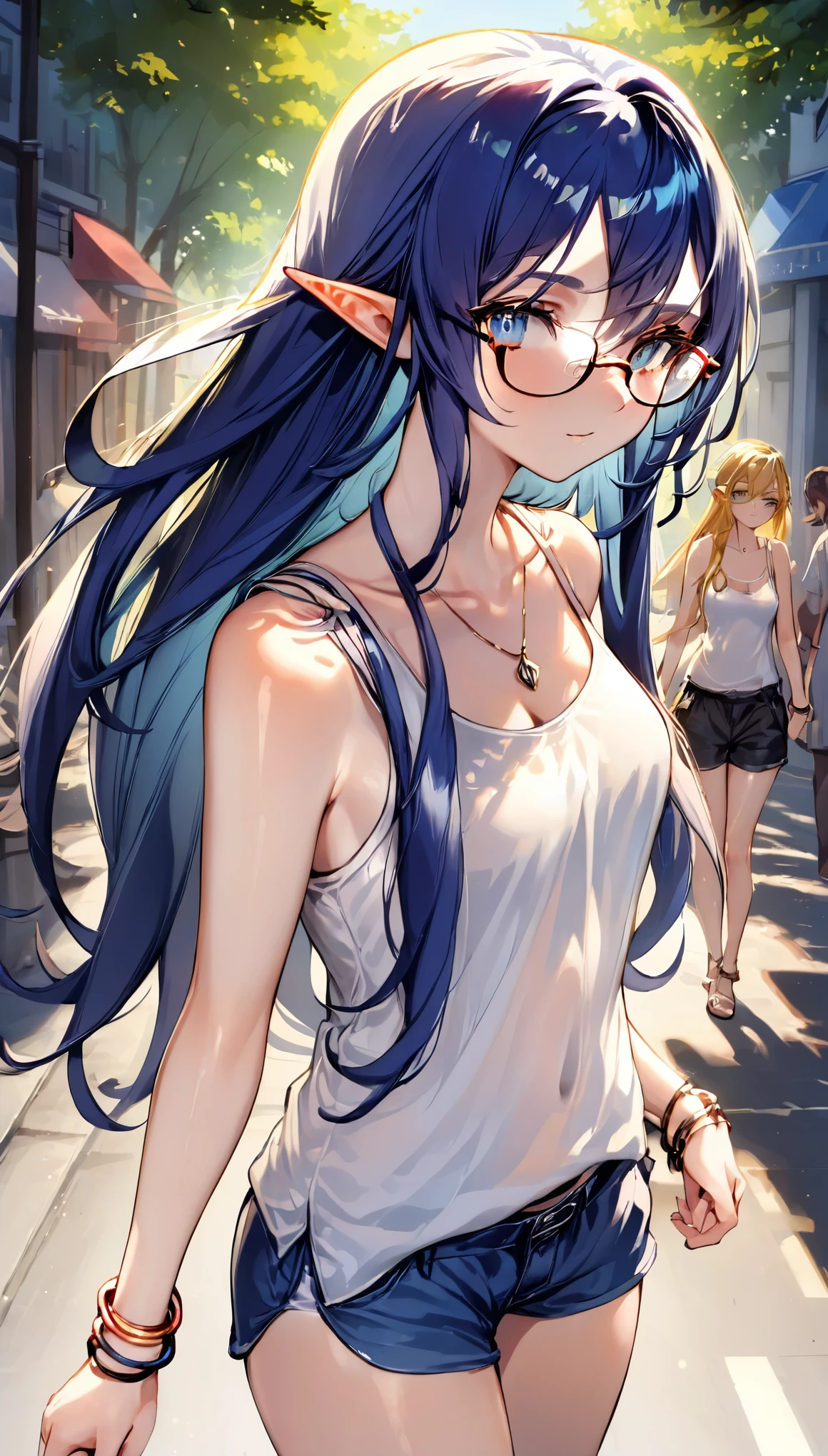 ((best quality)), ((masterpiece)), (detailed), 1girl, sexy, elf, navy hair, long hair, straight hair, pointy ears, eyewear on head, wearing white tank top, short pants, on street, Midsummer, strong sunlight, bracelet on left arm