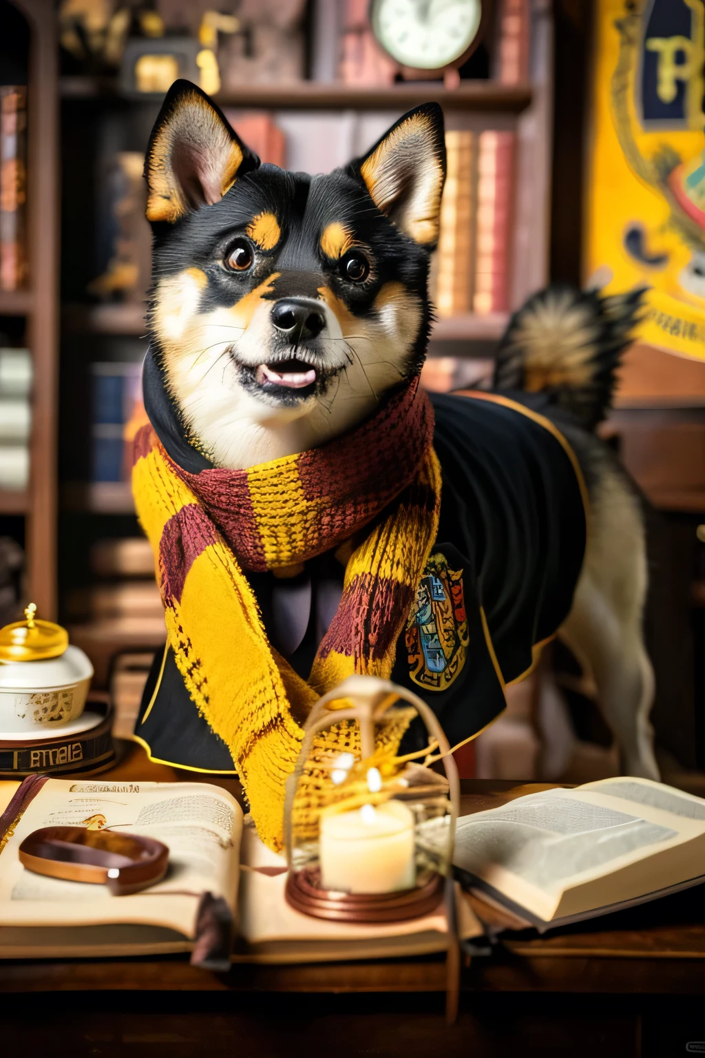 shiba inu dog, Tema Harry Potter, Gryffindor Scarf, Crista de Hogwarts, sail, textbooks, wand, lightning, Fonte Harry Potter, dark wood background, festive, witch aesthetics, Portrait Orientation, cosplay, art admirer, fancy, photo manipulation, swirly vibrant colors, Focused lighting, indoor setting, dog pose, cute animal, inspirado no filme, fictional character representation.