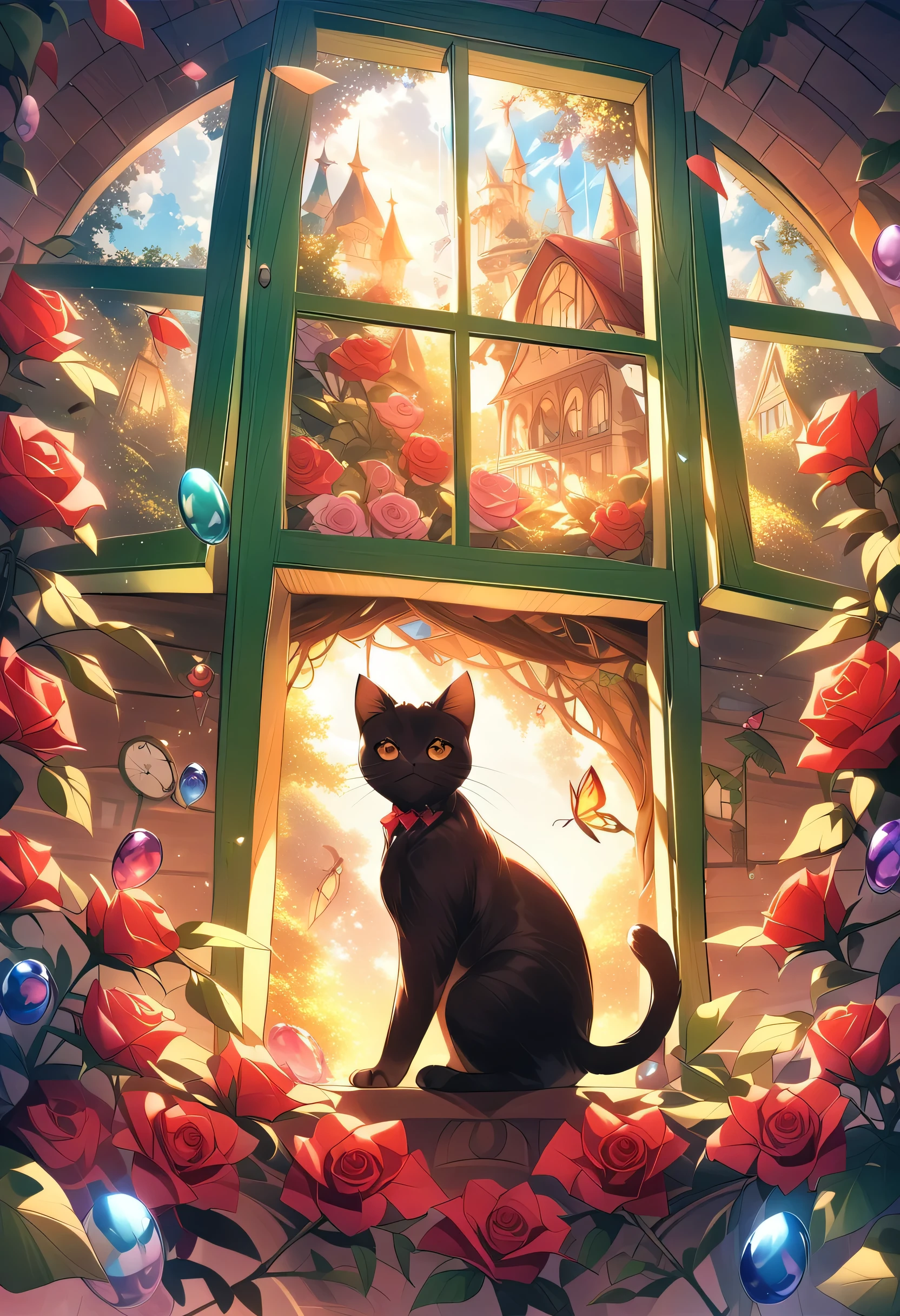 Black cat with a rose in its mouth looking at two white cats from away as a couple