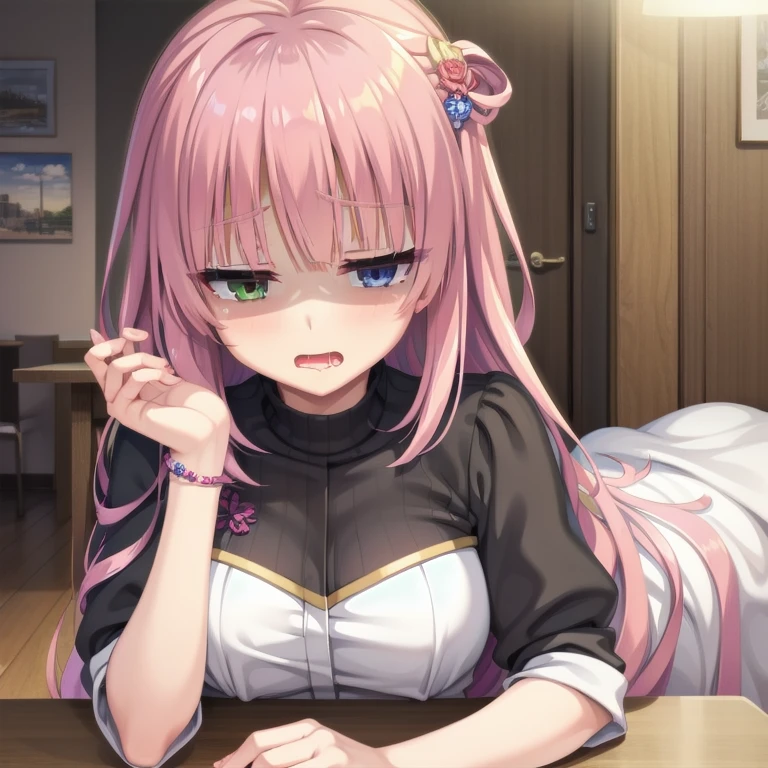 (Tabletop:1.0), (highest quality:1.4), (High resolution:1.2), From the side,Sharp contours,  boyish, highest quality, masterpiece,Glasses,Voice of the Heart,20-year-old woman,yandere,Big Breasts,Chest to chest,Lying face down,Upper Body,???????,saliva,blush,Squint your eyes,Heterochromia iridis,Tuck up your clothes,lure