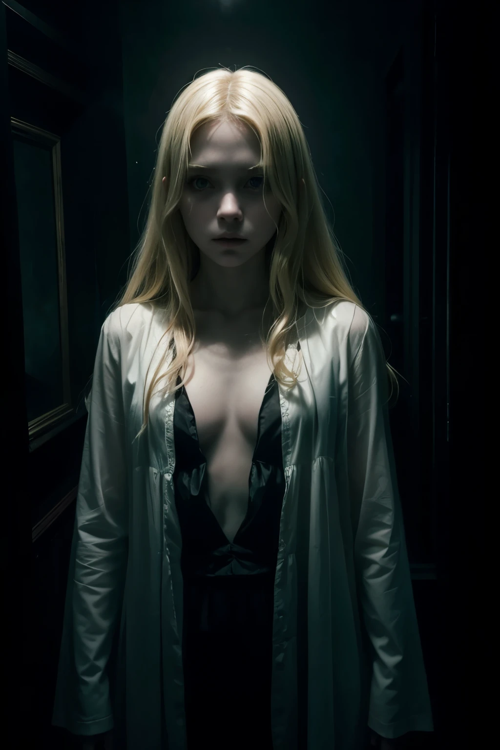 a spooky blonde ghost,bathroom,supernatural,eerie atmosphere,dark shadows,haunted,paranormal activity,glowing eyes,transparent body,pale skin,long hair,floating,mysterious,moody lighting,chiaroscuro,dramatic,horror,cinematic,dark fantasy
