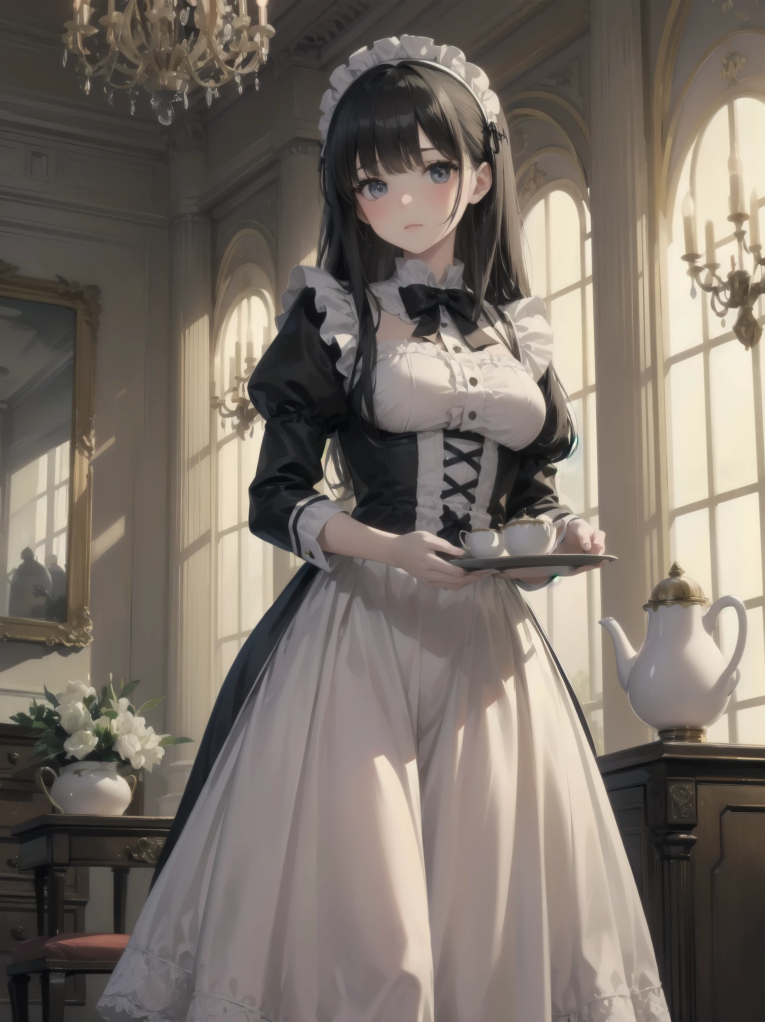 Illustration of a beautiful girl in a cute pose,(Masterpiece: 1.2), (Best quality: 1.2), A cute girl with long black hair, dressed in a classic black and white maid outfit with frilly lace and a matching headband, is standing in a beautifully decorated Victorian-style parlor. She is holding a silver tray with a teapot and teacup, her expression a mix of professionalism and warmth. The background includes ornate furniture, a chandelier, and large windows with heavy drapes, all bathed in soft afternoon light. This illustration emphasizes the elegant and welcoming atmosphere of a high-class tea service