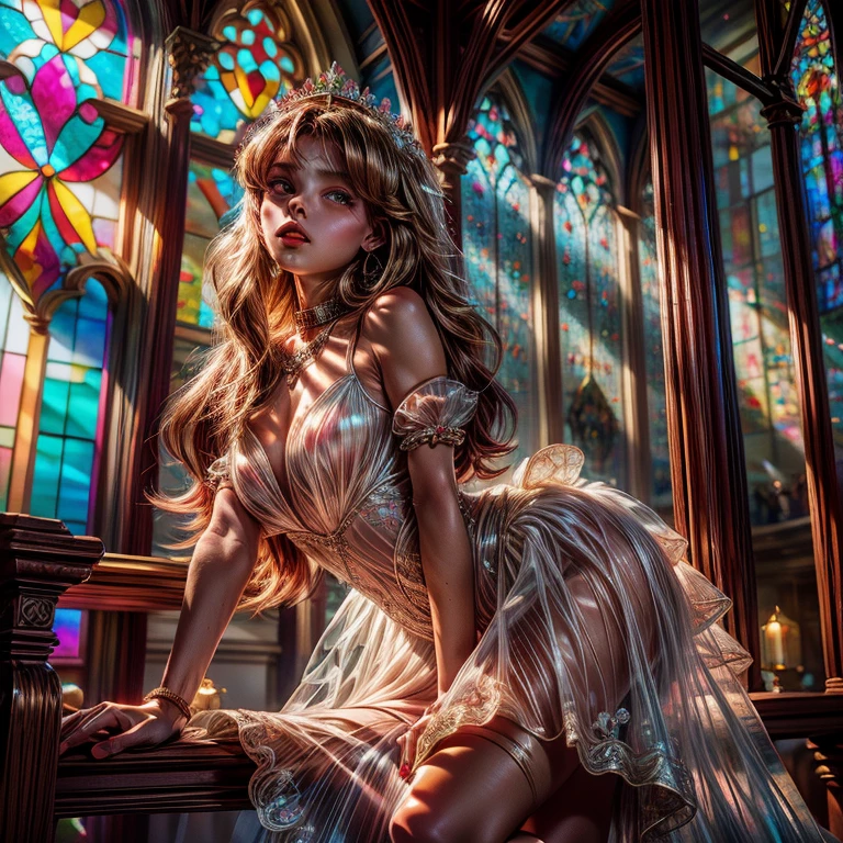 RubyRed (ZoomedOut:1.28) ZoomLayer, TopQuality 8K masterpiece of ((Professional photo)), (((Clarisse de Cagliostro))) (Detailed Delicate White WeddingDresses), Chain, Extremely detailed (KAWAII face) {(VeiledFace)|BlondeHair|(Spanking BuleEyes)}, The background is distant ((Elaborate PrimaryColors stained glass)) Rainbow Glass, MysticSight, GodRays, Radiant PearlSkin with Transparency, (Exposed:0.38)