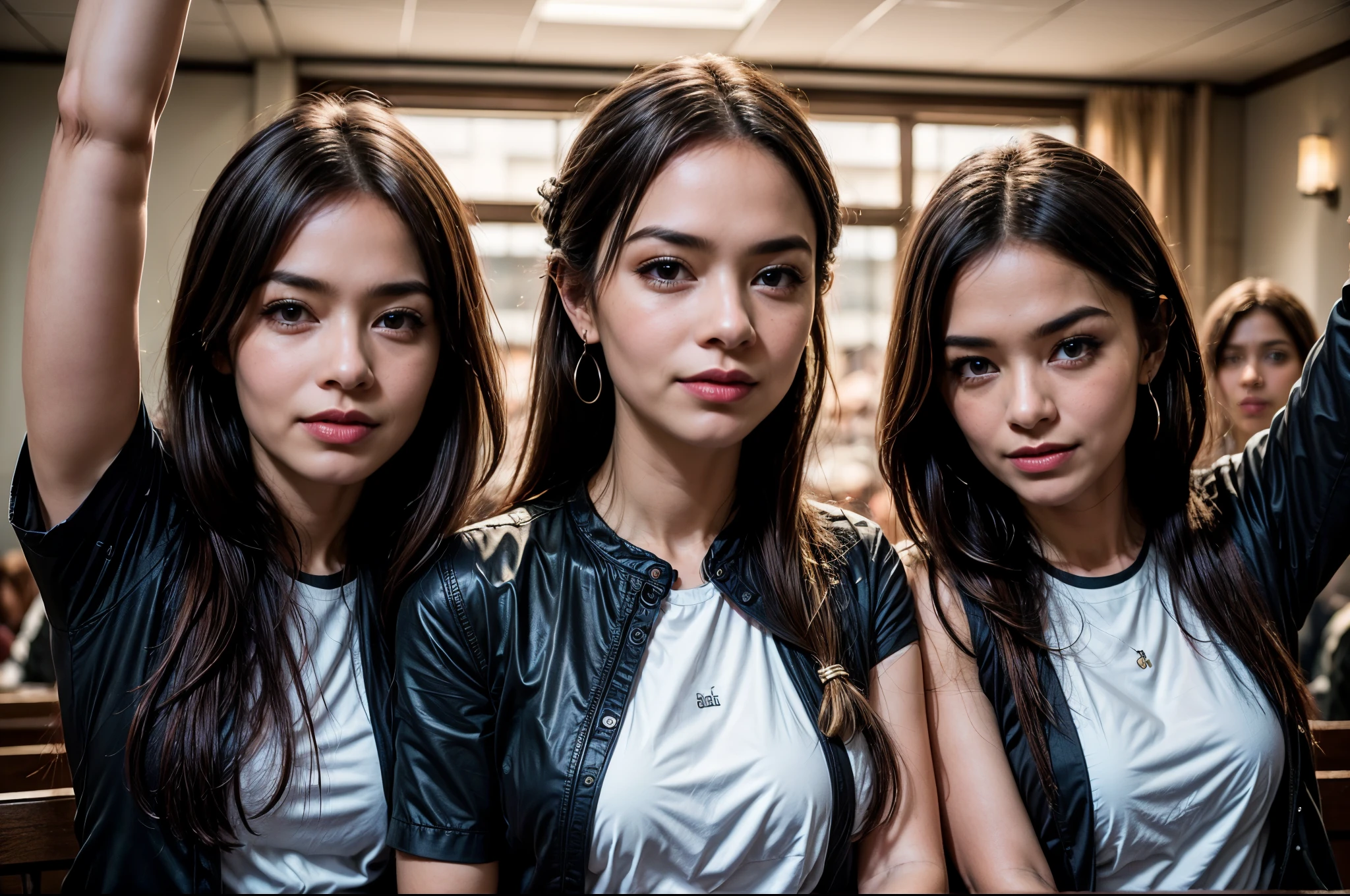 (best quality), [perfect faces:1.5]. (masterpiece:1.2), wide angle photo, full body photo, group photo, 5 women schoolwomen, 56 years old, faces marked by age, guilty faces, skin imperfections, acne, chapped lips, sad wistfully, diverse ethicities: ebony, black, white, nordic, indian, diverse hair colors: redhead, blonde, afro, twin braids, heavy freckles, pale skin, makeup, earings, crowded classroom, morning, school, crowd of people, school uniforms, unbottoned blue shirts, tight shirt, alluring pose, black stockings, open jacket, sexy neckline, large neckline, 16k, photorealistic, real photo, nikon d800, (YES SFW). ((Women cheering and greeting. Women greet by raising their hand and smiling. Some of them barely hold back tears.)). Insane details.