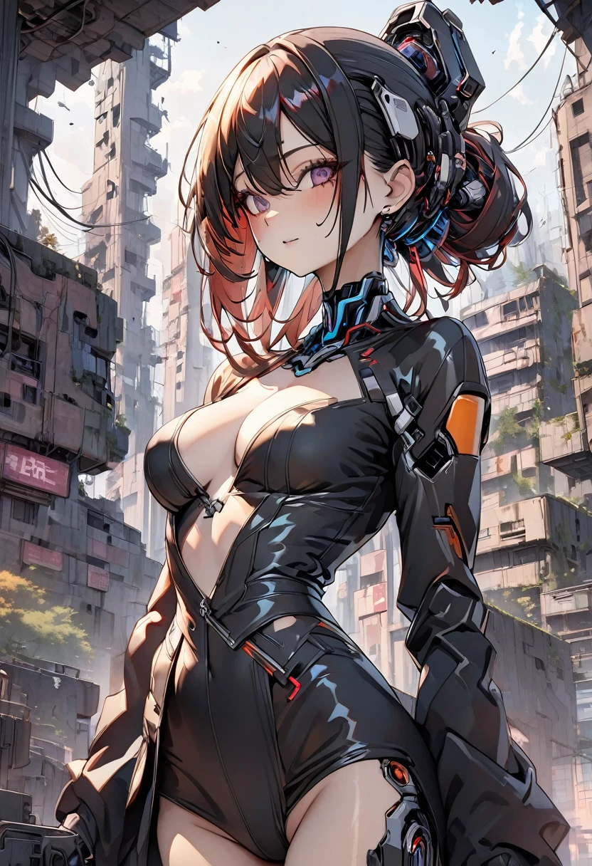 RAW Photos, Super detailed, female, Cybernetic neck, (cyborg: 1.5), The background is an abandoned city block, Vivid details, Gorgeous cyberpunk,, elegant, 8k, Highest quality, masterpiece, Very detailed.