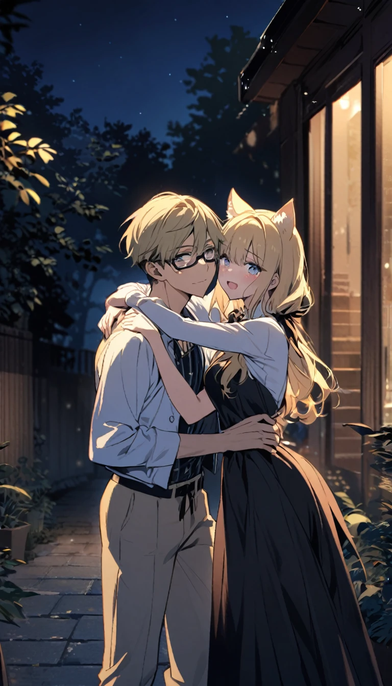 two people, one boy one girl, both are blond hair, the girl has cat ears, the boy wear glasses, the girl ss crying, the girl hugs the boy, boy back to the viewer, night, standing